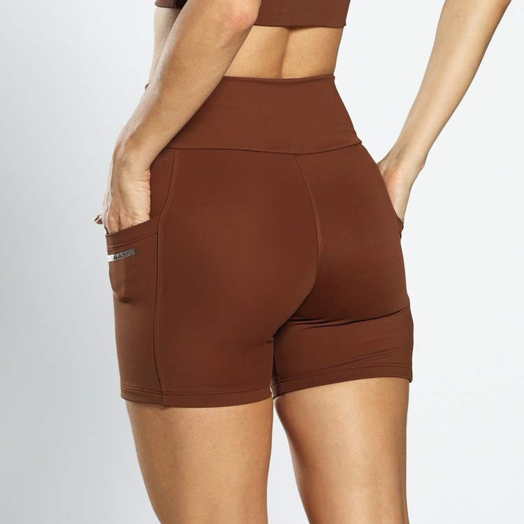 Short Fitness Poliamida Bolsos Laterais Café