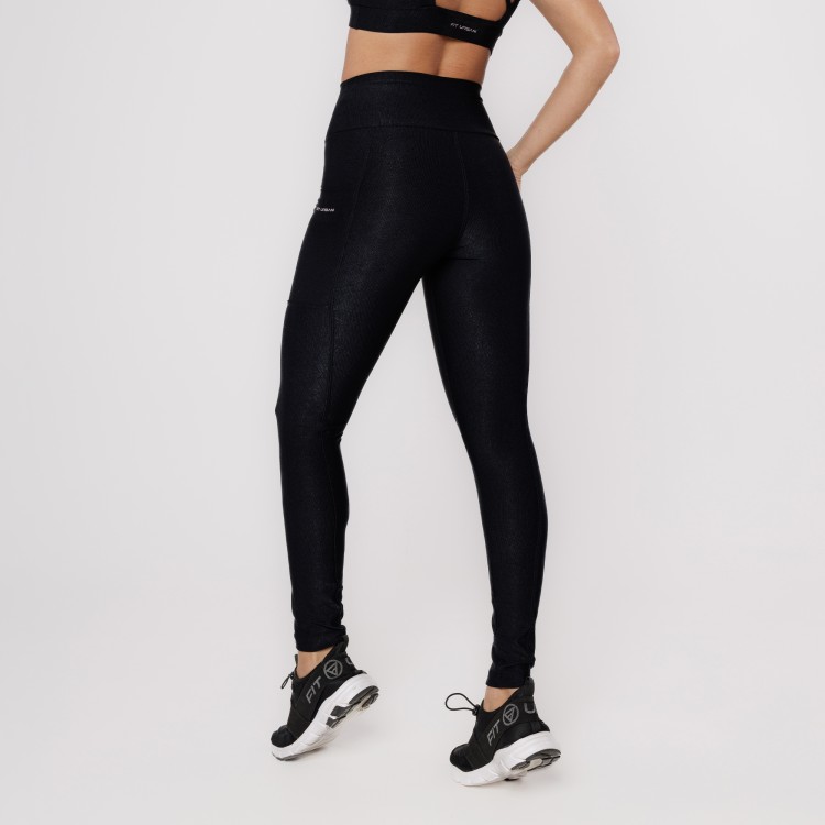 Calça Legging Micro Canelada Com Bolsos Preta