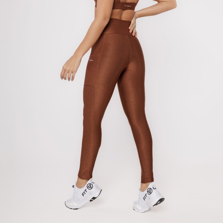 Calça Legging Micro Canelada Com Bolsos Café