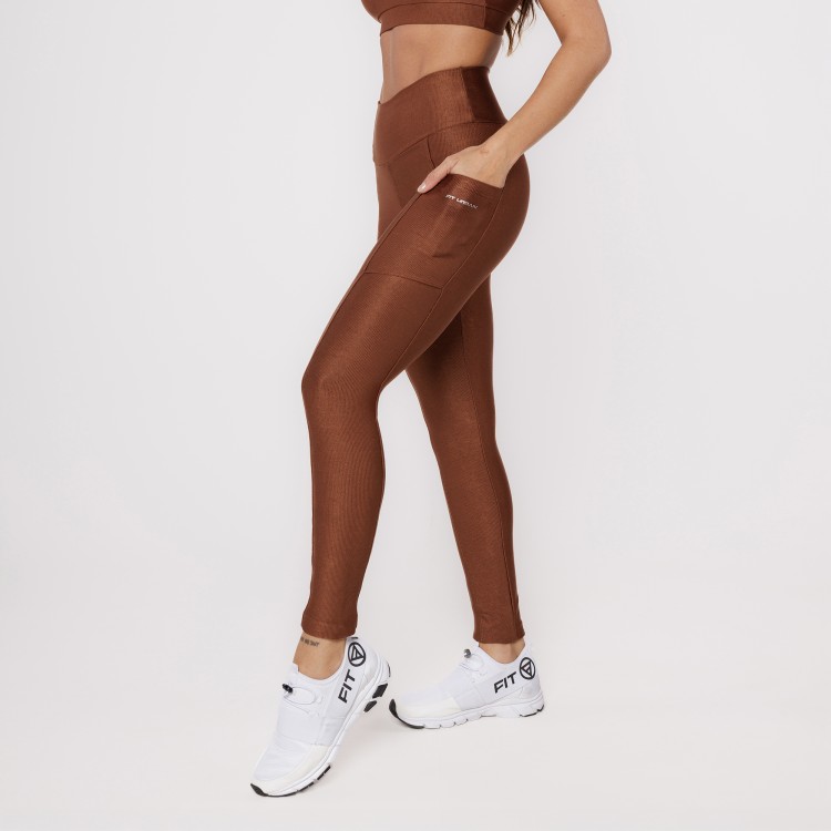 Calça Legging Micro Canelada Com Bolsos Café